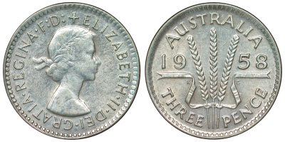 Австралия 3 пенса 1958 m, Елизавета II (1952-2022) KM 57 серебро 71-555