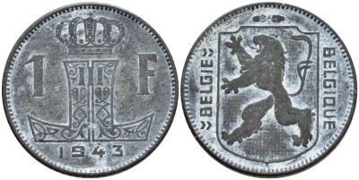 БЕЛЬГИЯ 1 ФРАНК 1943 BELGIE BELGIQUE KM 128 цинк 179-845