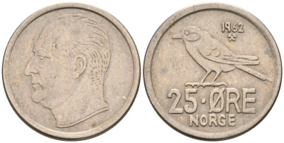 Норвегия 25 эре 1962 Улаф V (1958-1991), синица KM 407 медно-никель 4580-1032