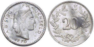 ШВЕЙЦАРИЯ, ФРАУЭНФЕЛЬД 20 РАППЕНОВ 1970 ДИАМЕТР 16 ММ. Menzel 8058.12 алюминий 100-415