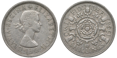 Великобритания 2 шиллинга (флорин) 1966 Елизавета II (1952-2022) KM 906, Spink 4146 медно-никель 4131-611