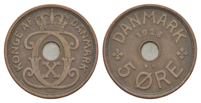 Дания 5 эре 1928 N, Кристиан X (1912-1947) KM 828 бронза 4638-612