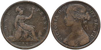 Великобритания 1 пенни 1862 Виктория (1837-1901) KM 749.2, Spink 3954 бронза 32-736