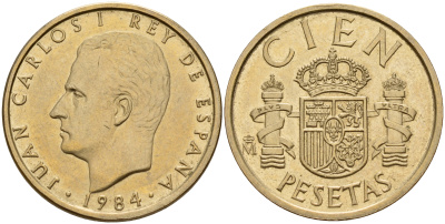 Испания 100 песет 1984 Хуан Карлос I (1975-2014) KM 826 алюминиевая бронза    4597-157