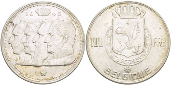 Бельгия 100 франков 1948 Belgique, королевская династия KM 138.1 серебро 1519-113