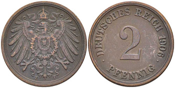 ГЕРМАНИЯ 2 ПФЕННИГА 1906 F KM 16, J. 11 медь 175-244
