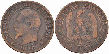 ФРАНЦИЯ 5 САНТИМОВ 1856 K, НАПОЛЕОН III (1852-1870) KM 777.5, LE FRANC 116.34 бронза 108-357