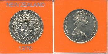Новая Зеландия 1 доллар 1976 герб Новой Зеландии, Елизавета II (1952-2022), в оригинальной пластиковой упаковке KM 38.2 медно-никель UNC 06-059-8