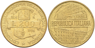 Италия 200 лир 1996 R, 100 лет Академии таможенной службы KM 184 алюминиевая бронза 4575-1236