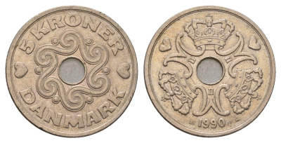 Дания 5 крон 1990 Маргрете II (1972-2024) KM 869 медно-никель 190-816