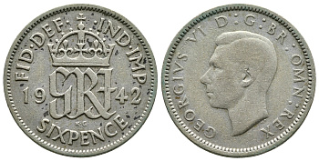 Великобритания 6 пенсов 1942 Георг VI (1936-1952) KM 852, Spink 4084 серебро 89-1726