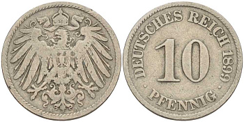 ГЕРМАНИЯ 10 ПФЕННИГОВ 1899 A KM 12, J. 13 медно-никель 4401-1052