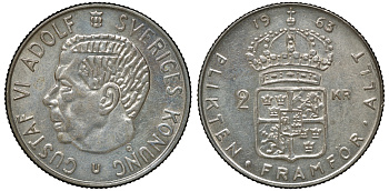 Швеция 2 кроны 1963 U, Густав VI Адольф (1950-1973) KM 827 серебро 4179-1336