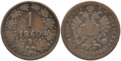 АВСТРИЯ 1 КРЕЙЦЕР 1860 В, SMALL EAGLE KM 2186 медь 100-518