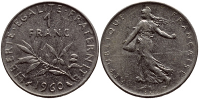 ФРАНЦИЯ 1 ФРАНК 1960 СЕЯТЕЛЬ KM 925.1, LE FRANC 226.4 никель 633-1022