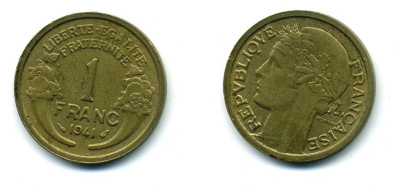 ФРАНЦИЯ 1 ФРАНК 1941 ТИП MORLON KM 885, LE FRANC 219.12 алюминиевая бронза 84-436