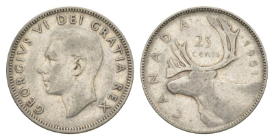 Канада 25 центов 1951 Георг V (1910-1936), олень KM 44 серебро 73-1341
