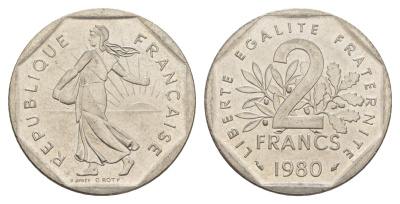 Франция 2 франка 1980 сеятель KM 942.1 никель 4543-245