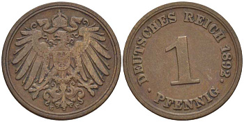 ГЕРМАНИЯ 1 ПФЕННИГ 1892 E KM 10, J. 10, Weege 2 медь 211-151
