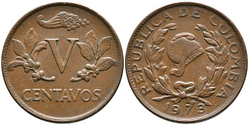 КОЛУМБИЯ 5 СЕНТАВО 1973 KM 206а сталь плакированная медью 3336-555