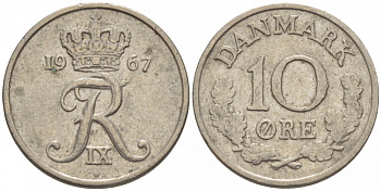 Дания 10 эре 1967 C; S, Фредерик IX (1947-1972) KM 849.1 медно-никель 3309-153