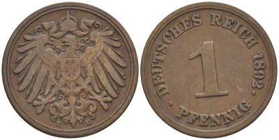 ГЕРМАНИЯ 1 ПФЕННИГ 1892 E KM 10, J. 10, Weege 2 медь 211-151