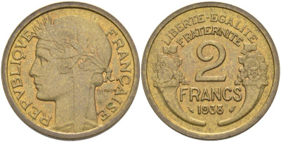 Франция 2 франка 1938 тип Морлон KM 886, Le Franc 268.11 алюминиевая бронза 3460-536