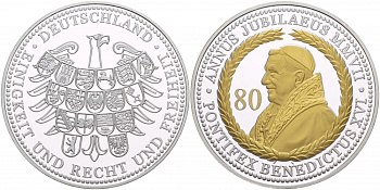 ФРГ МЕДАЛЬ 2007 80 ЛЕТ ПАПЕ БЕНЕДИКТУ XVI, позолота PROOF 1088-4-23