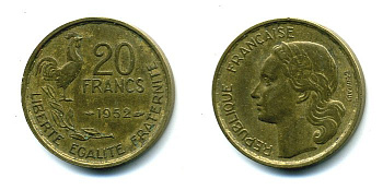 ФРАНЦИЯ 20 ФРАНКОВ 1953 В ПЕТУХ, 4 ПЕРА KM 917.1 алюминиевая бронза 25-2451