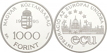 Венгрия 1000 форинтов 1995 европейский союз, здание венгерского парламента KM 720 серебро PROOF 11-039-22