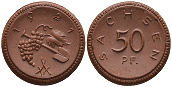 Саксония 50 пфеннигов 1921 виноград и лопата J. N 54 фарфор UNC 1094-8-45