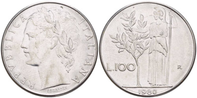 ИТАЛИЯ 100 ЛИР 1980 R, АФИНА У ОЛИВКОВОГО ДЕРЕВА KM 96.1 нержавеющая сталь 4545-721