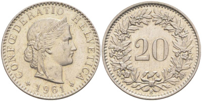 ШВЕЙЦАРИЯ 20 РАППЕНОВ 1961 В KM 29a медно-никель 55-757