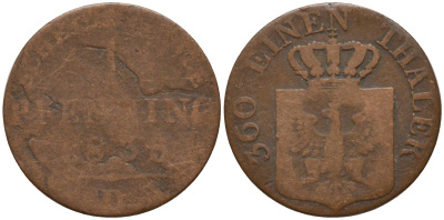 Пруссия 1 пфенниг 1835 D, Фридрих Вильгельм III (1797-1840) KM 405 медь 4549-436