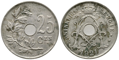 Бельгия 25 сантимов 1921 Belgie, Альберт I (1909-1934) KM 69 медно-никель 177-1035