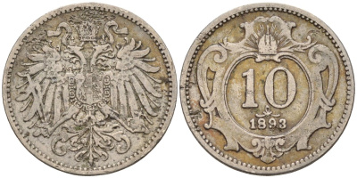 Австрия 10 геллеров 1893 Франц Иосиф I (1848-1916) KM 2802 никель 4585-131
