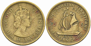 Британские Восточно-Карибские территории 5 центов 1955 Елизавета II (1952-2022), парусник KM 4 никель латунь 108-1122
