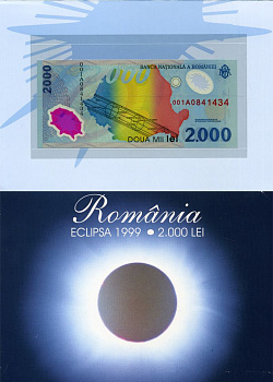 РУМЫНИЯ 2000 ЛЕЙ 1999 МИЛЛЕНИУМ, СОЛНЕЧНАЯ СИСТЕМА, СЕРИЯ 001А, В ОРИГИНАЛЬНОМ БУКЛЕТЕ Pick 111b пластик UNC (ПРЕСС) 2192-44-1