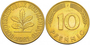 ФРГ 10 ПФЕННИГОВ 1981 J KM 108, J.383 сталь плакированная латунью 3718-823