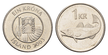 Исландия 1 крона 2003 треска KM 27a сталь плакированная никелем UNC 4687-854