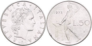 ИТАЛИЯ 50 ЛИР 1973 R, БОГ ОГНЯ ВУЛКАН У НАКОВАЛЬНИ KM 95.1 нержавеющая сталь 4551-356