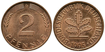 ФРГ 2 ПФЕННИГА 1995 G KM 106a, J.381a сталь плакированная сталь плакированная медьюю 83-1032