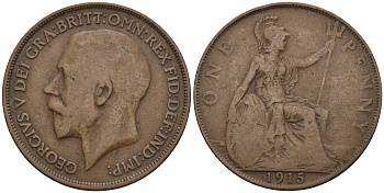 Великобритания 1 пенни 1915 Георг V (1910-1936) KM 810, Spink 4051 бронза 221-445