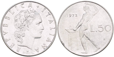 ИТАЛИЯ 50 ЛИР 1973 R, БОГ ОГНЯ ВУЛКАН У НАКОВАЛЬНИ KM 95.1 нержавеющая сталь 4551-356