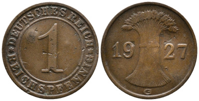 ГЕРМАНИЯ 1 РЕЙХСПФЕННИГ 1927 G KM 37, J. 313 бронза 39-929