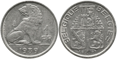 Бельгия 1 франк 1939 Леопольд III (1934-1950), Belgique-Belgie, лев KM 119 никель 4384-224