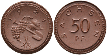 Саксония 50 пфеннигов 1921 виноград и лопата J. N 54 фарфор 1094-5-15