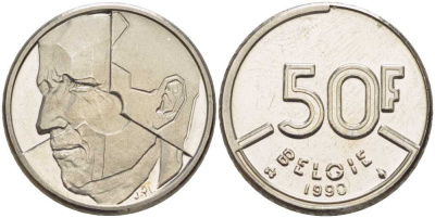 БЕЛЬГИЯ 50 ФРАНКОВ 1990 BELGIE, БОДУЭН I (1951-1993) KM 169 никель 4384-613