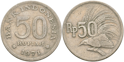 Индонезия 50 рупий 1971 райская птица KM 35 медно-никель 4364-2836