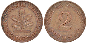 ФРГ 2 пфеннига 1970 J KM 106a, J.381a сталь плакированная медью 4174-458